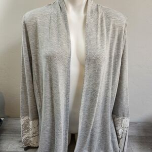 KNOX ROSE‎ Gray White Openfront Cardigan Sweater XL High Low Lace Cuffs/Back